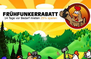 Frühfunker-Rabatt bei Funkgeräte-Vermietung.de Funkgeräte-Vermietung.de bietet mit dem Frühfunker-Rabatt einen Discount von 25 Prozent bei 14 Tagen vor dem Einsatztermin bestätigten Buchungen. Hauptkunden von Funkgeräte-Vermietung.de sind Eventagenturen, Rentals, Filmproduktionen, Sicherheitsdienste und Großveranstaltungen.